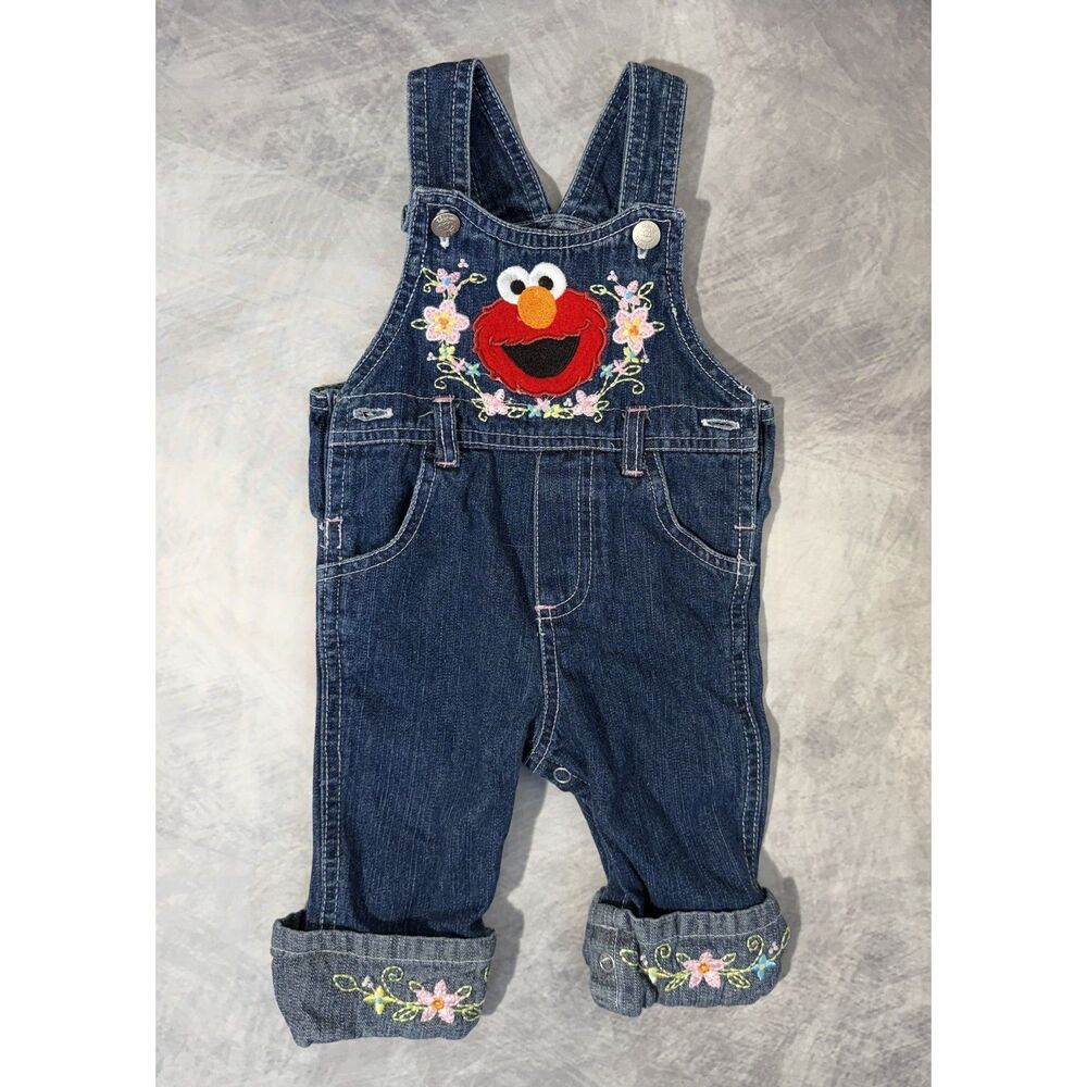 2007 Sesame Street Elmo Baby Denim Overalls 0-3M Floral Embroidered Y2K